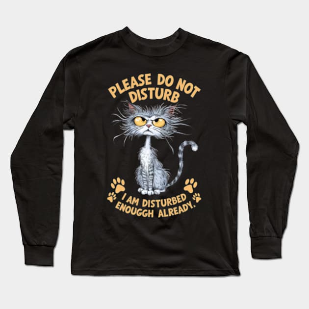 A whimsical cartoon drawing of a disheveled cat, with its fur sticking out in all directions and large yellow eyes showing irritation. (13) Long Sleeve T-Shirt by YolandaRoberts